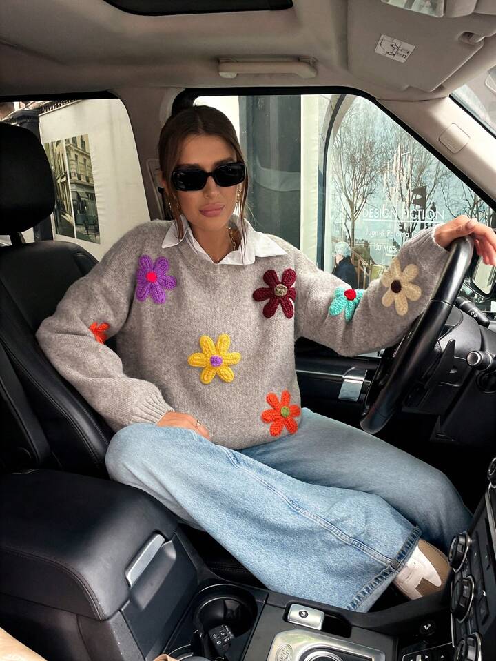 Retro Multicolor 3D Flower Knit Sweater – Cozy Fall Vibes