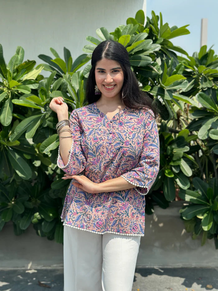 Pink Flare Block Print Short Kurti with Scalloped Trim