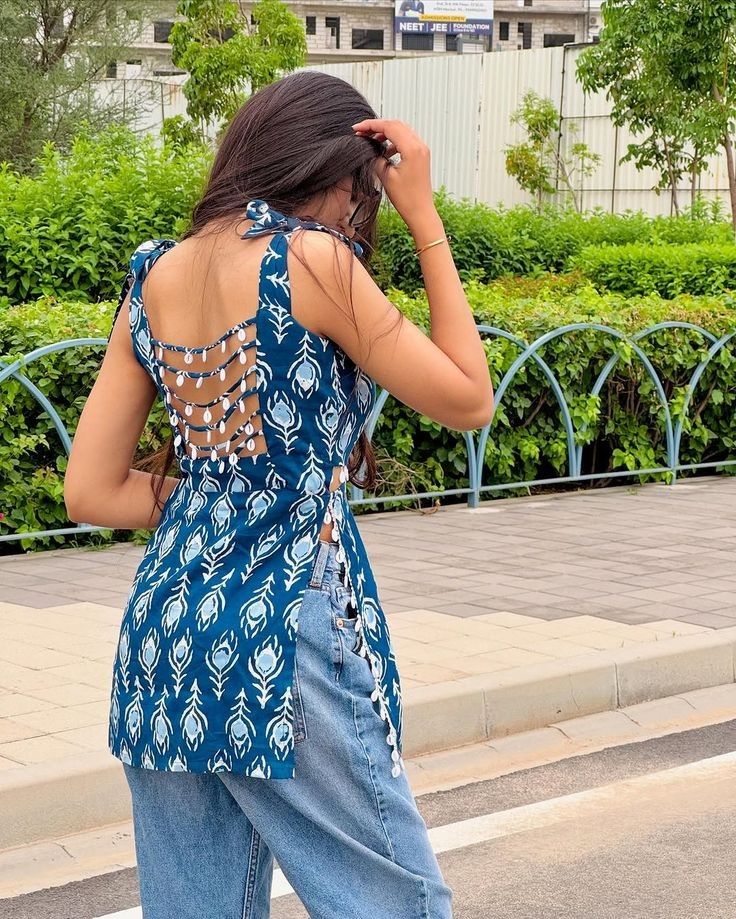 Peacock Feather Print Tie-Shoulder Tunic with Pom-Pom Hem