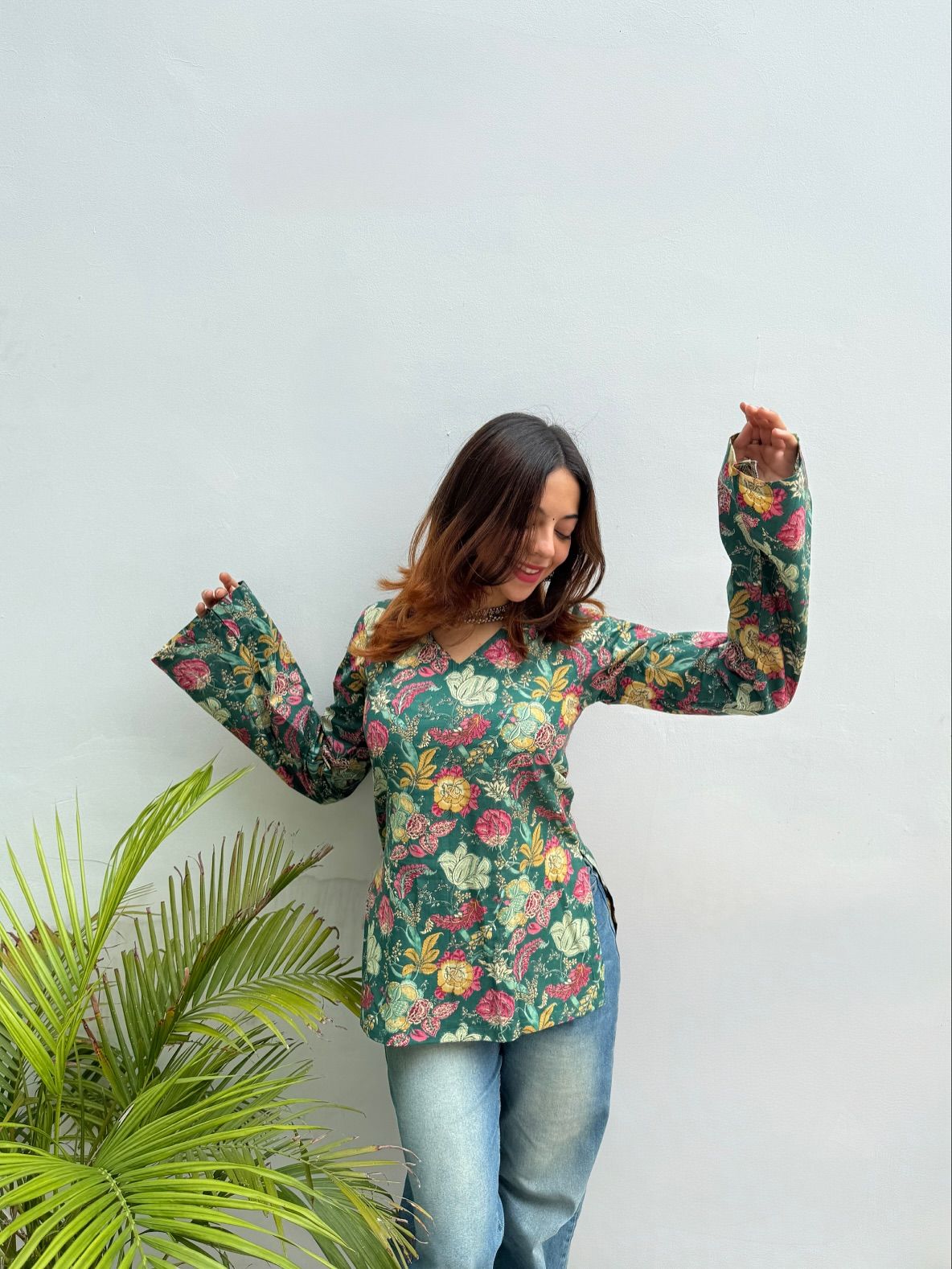 Emerald Blooms Block Print Cotton Kurti