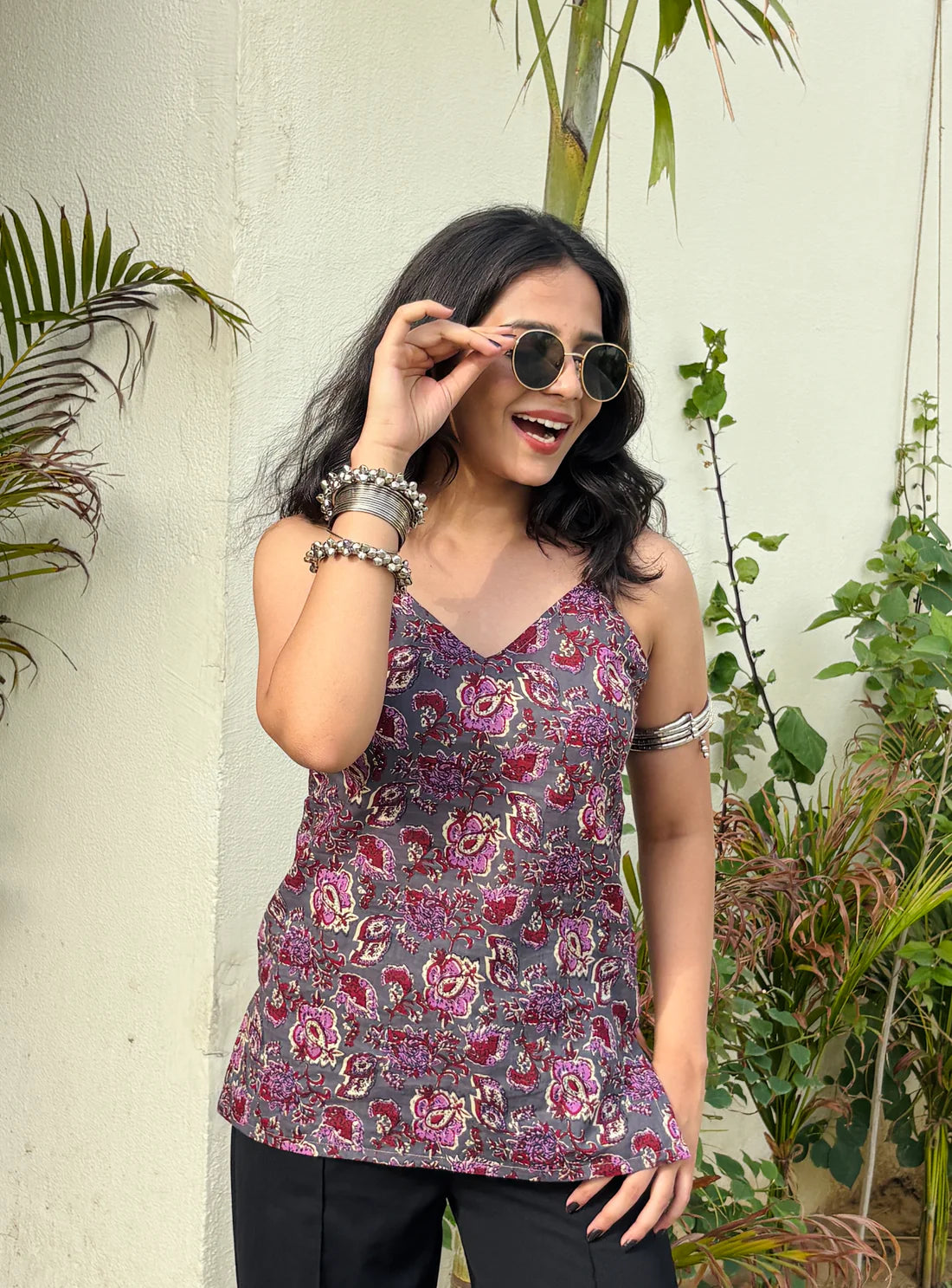 Bohemian Garden Print Cotton Strap Top