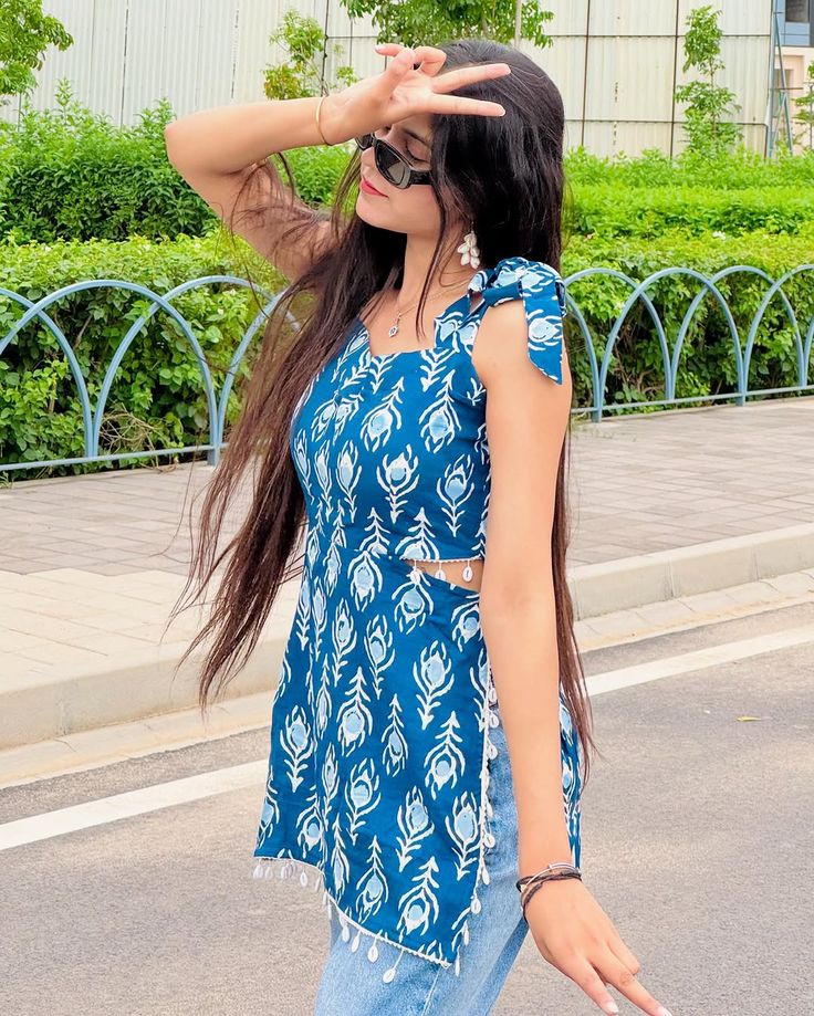 Peacock Feather Print Tie-Shoulder Tunic with Pom-Pom Hem