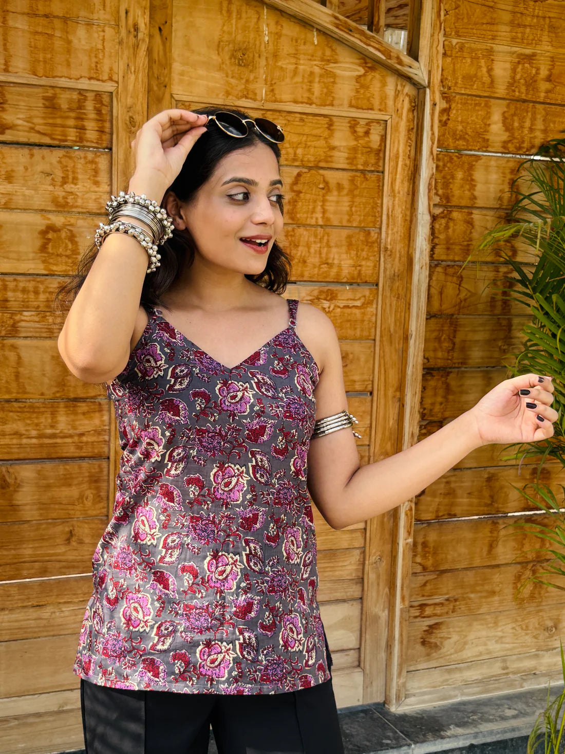 Bohemian Garden Print Cotton Strap Top