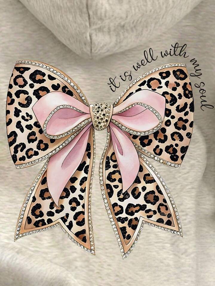 Resyla Women's Leopard Print Bow Decor Dropped Shoulder Hoodie Sweatshirt