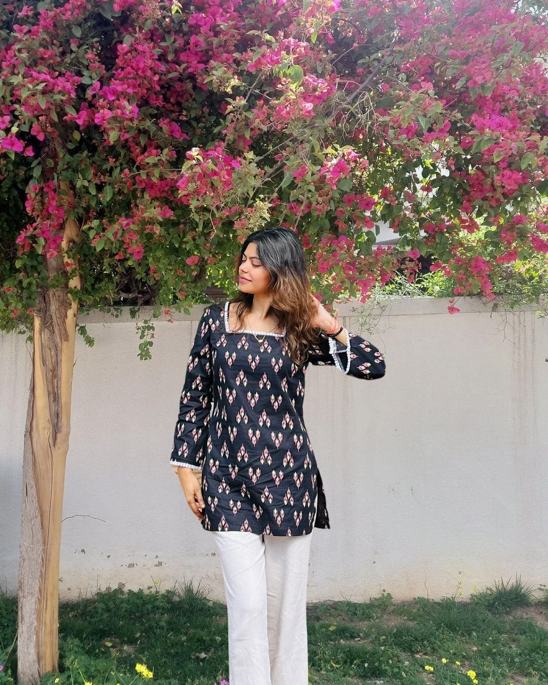 Mystic Bloom Cotton Tunic with Square Neck & Lace Detail