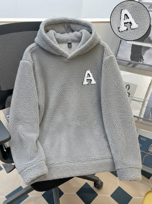 Alphabet ‘A’ Fleece Hoodie – Unisex Grey Sherpa Pullover for Winter Warmth