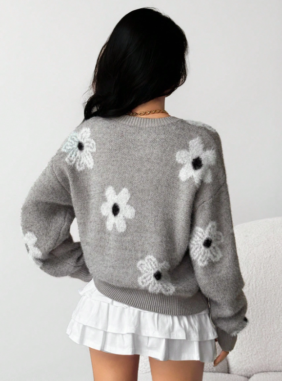 Grey Daisy Knit Sweater – Soft Floral Winter Pullover