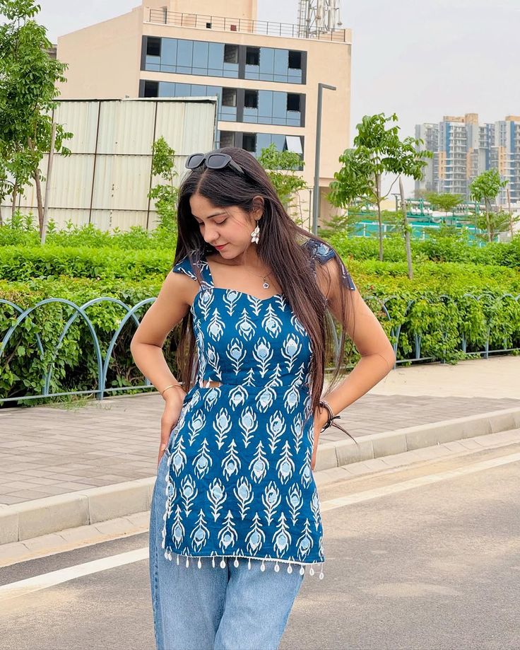 Peacock Feather Print Tie-Shoulder Tunic with Pom-Pom Hem