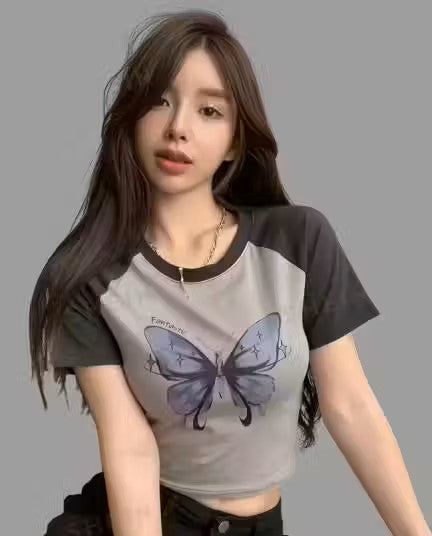 Contrast Sleeve Graphic Crop Tee - Star Butterfly