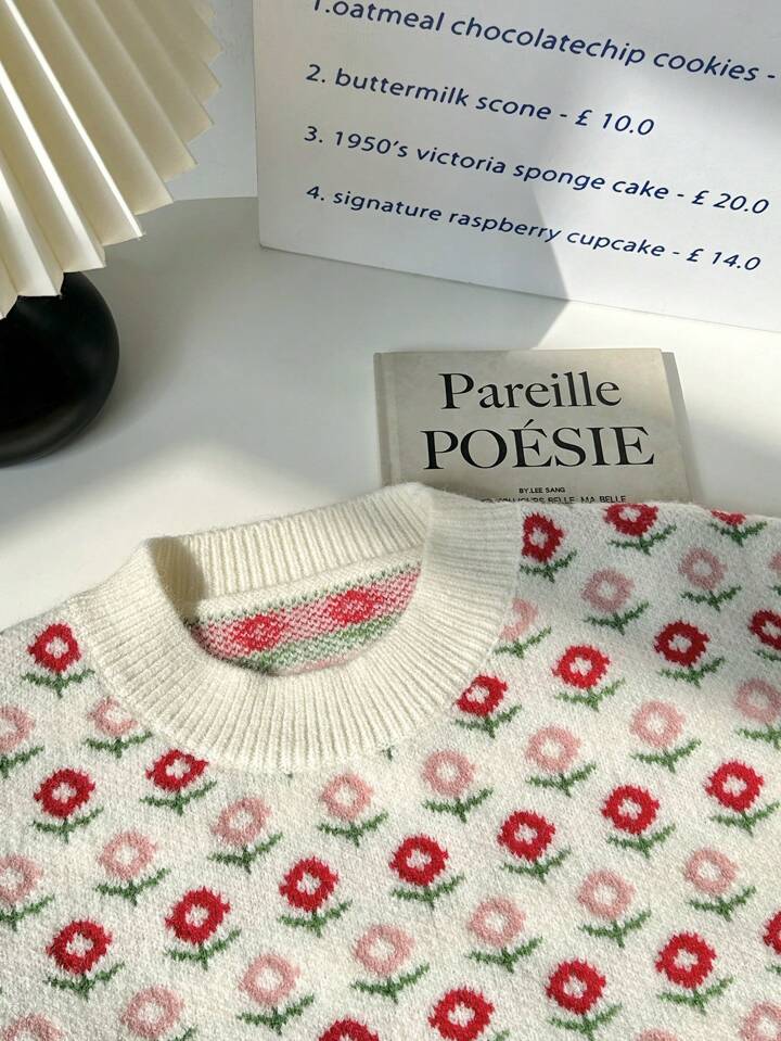 Lunelith SHEIN Lunessa Women's Casual Round Neck Floral Allover Knit Sweater