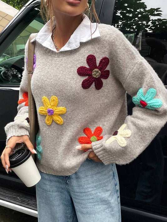 Retro Multicolor 3D Flower Knit Sweater – Cozy Fall Vibes
