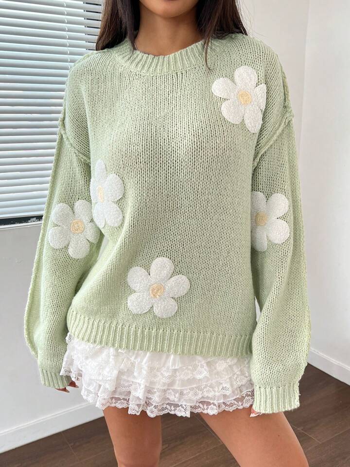 Flirla Women Winter Floral Dropped Shoulder Long Sleeve Casual Sweater, Fall Outfits,Long