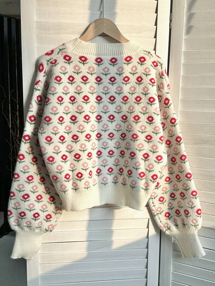 Lunelith SHEIN Lunessa Women's Casual Round Neck Floral Allover Knit Sweater