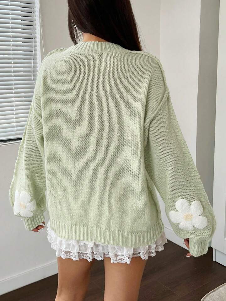 Flirla Women Winter Floral Dropped Shoulder Long Sleeve Casual Sweater, Fall Outfits,Long