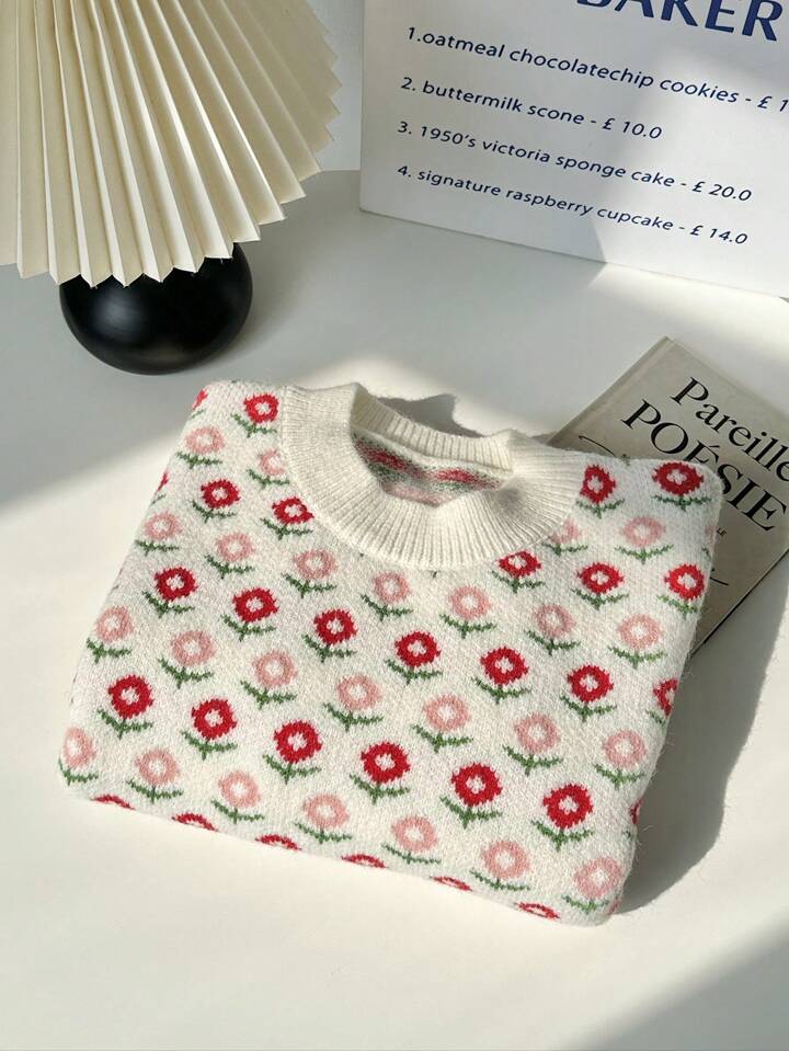 Lunelith SHEIN Lunessa Women's Casual Round Neck Floral Allover Knit Sweater