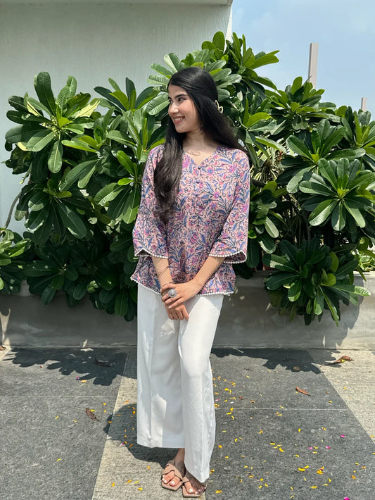 Pink Flare Block Print Short Kurti with Scalloped Trim