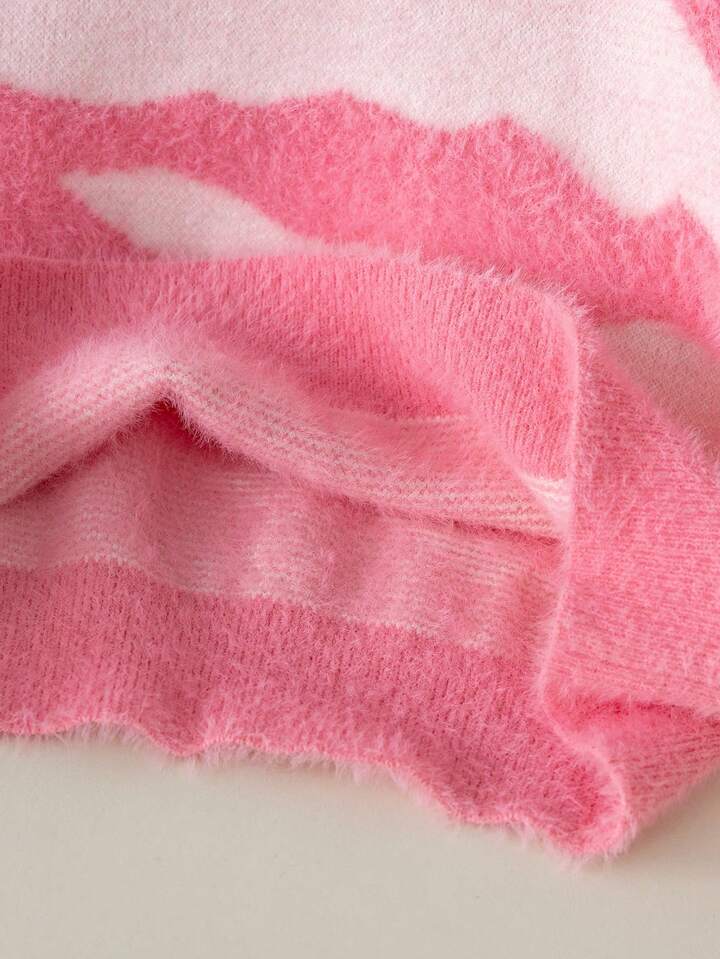 TrendsGirls' Street Style Leopard Print Short Sweater, Faux Fur Knitted Pullover Long Sleeve