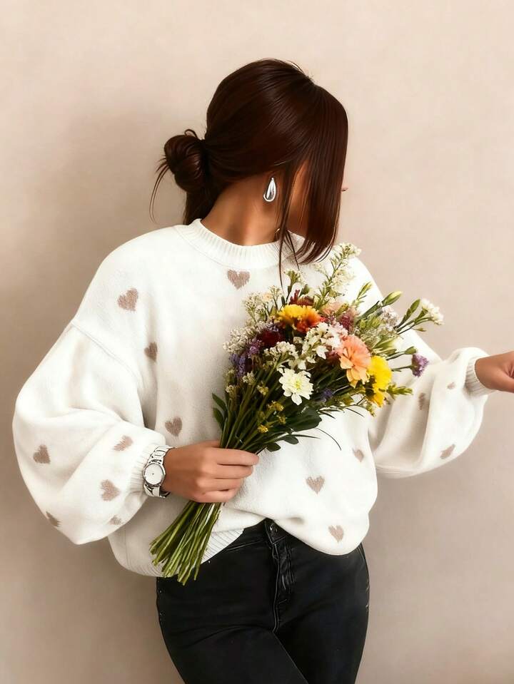 Autumn And Winter Women's Valentine's Day Cute Casual Heart-Patterned Loose-Fit Fashionable Sweater With Round Neck And Long Sleeves, Basic Sweater