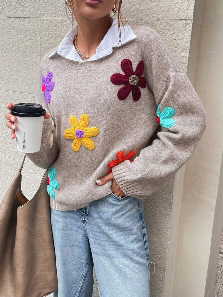 Retro Multicolor 3D Flower Knit Sweater – Cozy Fall Vibes