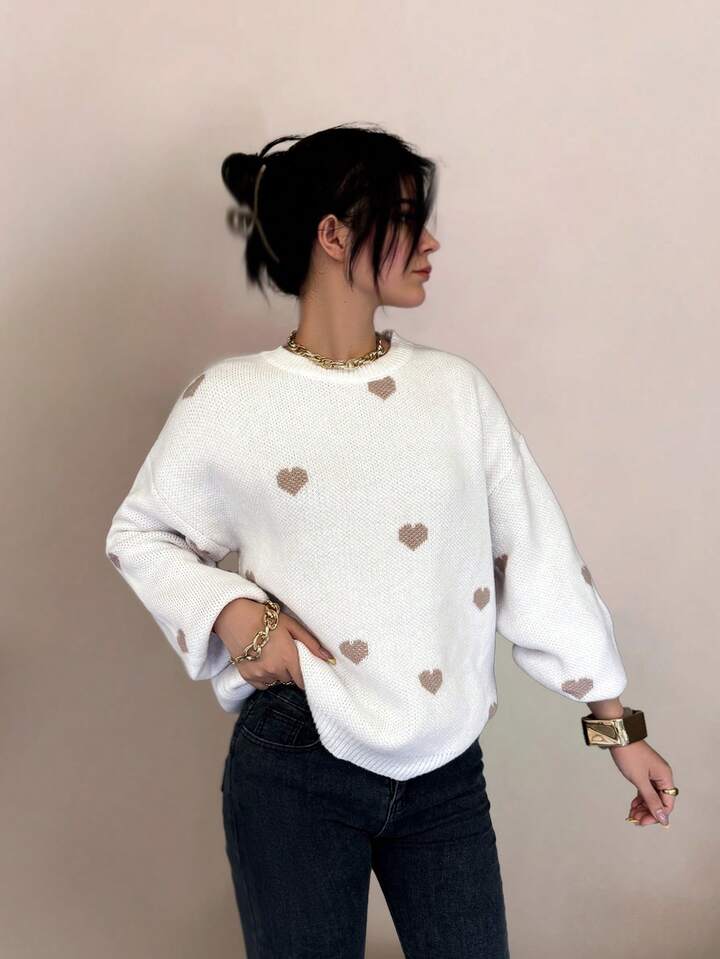 Autumn And Winter Women's Valentine's Day Cute Casual Heart-Patterned Loose-Fit Fashionable Sweater With Round Neck And Long Sleeves, Basic Sweater