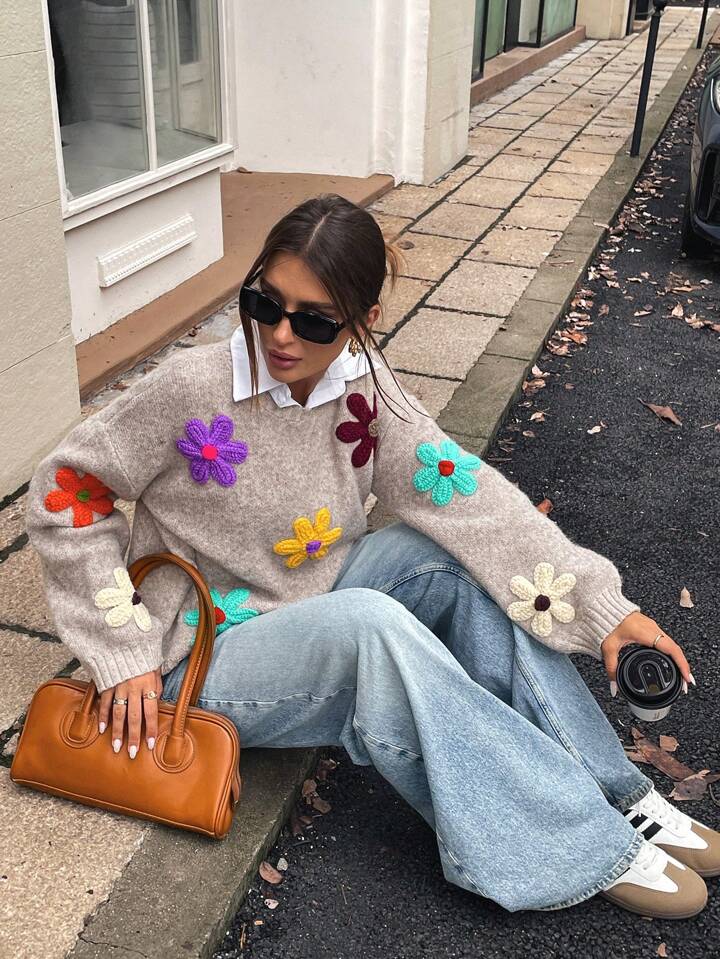 Retro Multicolor 3D Flower Knit Sweater – Cozy Fall Vibes