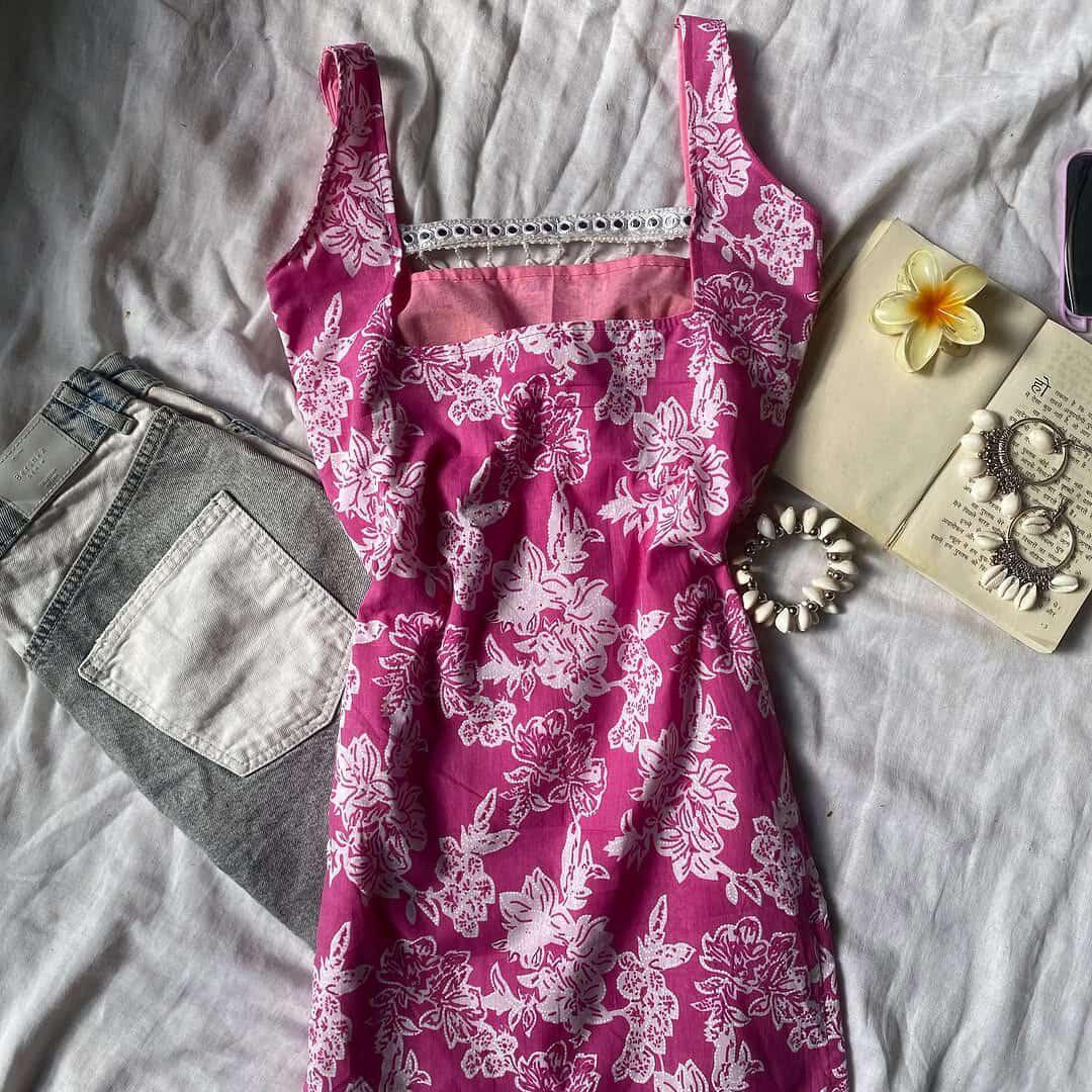 Hot Pink Hibiscus Print Cotton Strap Top