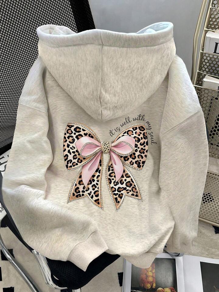Resyla Women's Leopard Print Bow Decor Dropped Shoulder Hoodie Sweatshirt