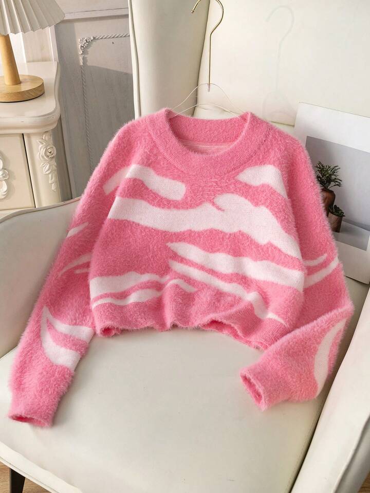 TrendsGirls' Street Style Leopard Print Short Sweater, Faux Fur Knitted Pullover Long Sleeve