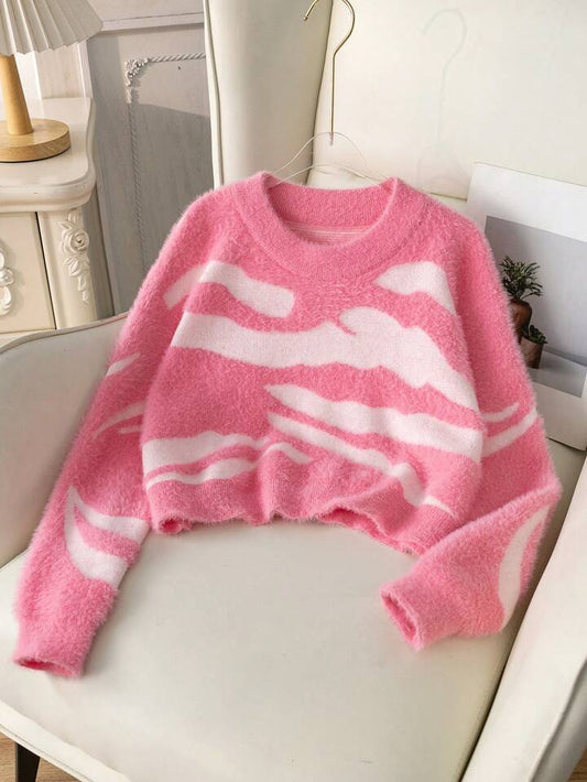 TrendsGirls' Street Style Leopard Print Short Sweater, Faux Fur Knitted Pullover Long Sleeve