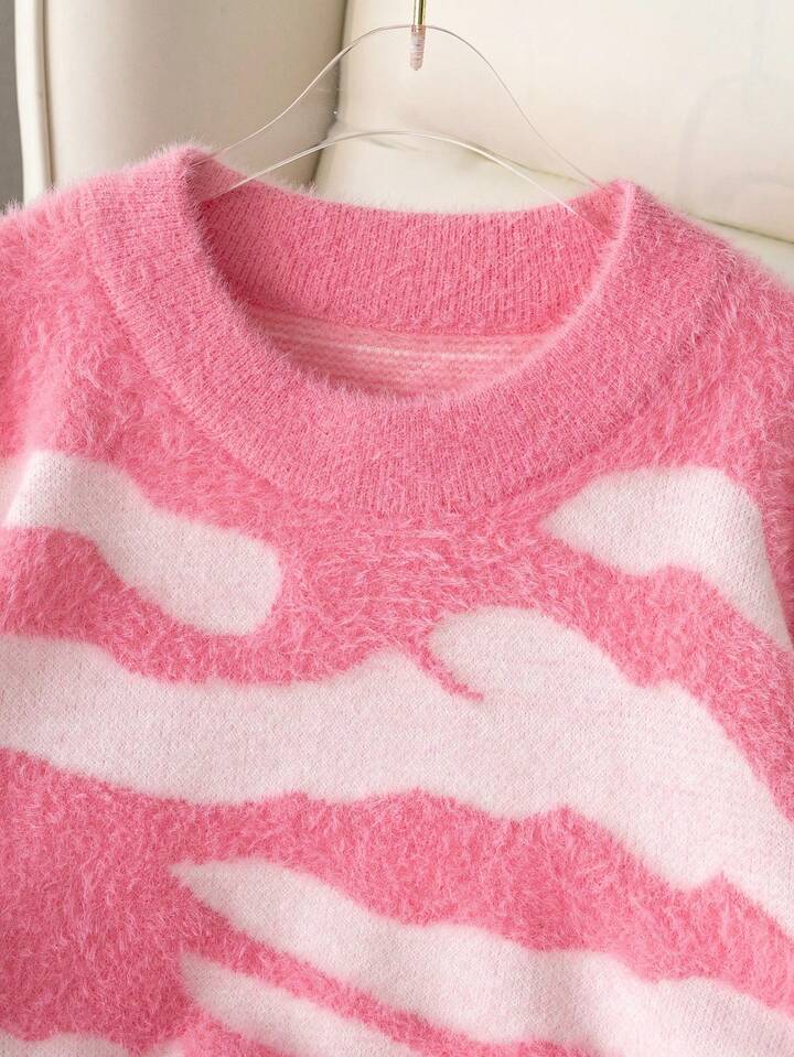 TrendsGirls' Street Style Leopard Print Short Sweater, Faux Fur Knitted Pullover Long Sleeve