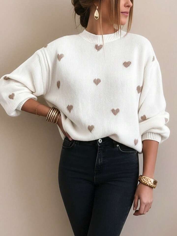 Autumn And Winter Women's Valentine's Day Cute Casual Heart-Patterned Loose-Fit Fashionable Sweater With Round Neck And Long Sleeves, Basic Sweater