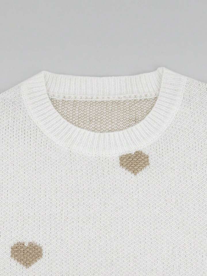 Autumn And Winter Women's Valentine's Day Cute Casual Heart-Patterned Loose-Fit Fashionable Sweater With Round Neck And Long Sleeves, Basic Sweater
