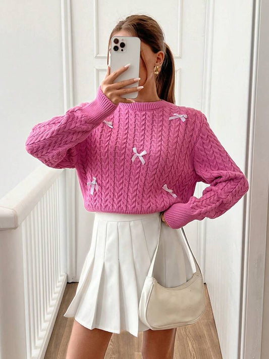 TrendsWomen Round Neck 3d Ribbon Detailed Cute Textured Sweater Pullover