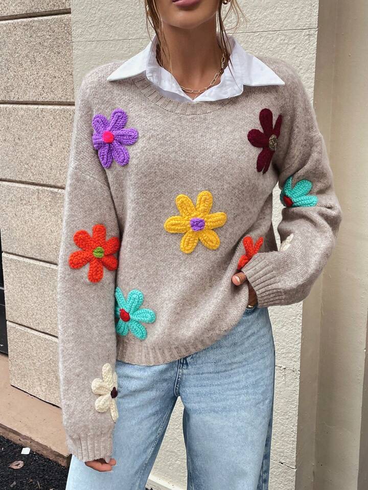 Retro Multicolor 3D Flower Knit Sweater – Cozy Fall Vibes