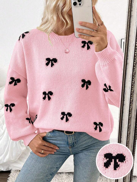 Pink Knit Sweater with Black Bow Pattern – Cozy Oversized Pullover