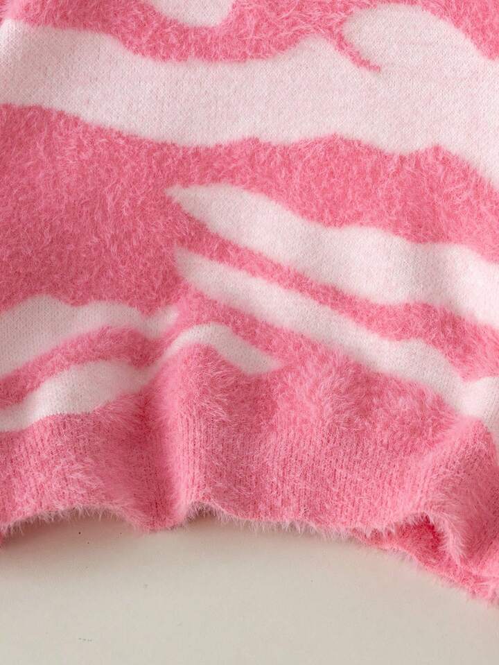 TrendsGirls' Street Style Leopard Print Short Sweater, Faux Fur Knitted Pullover Long Sleeve