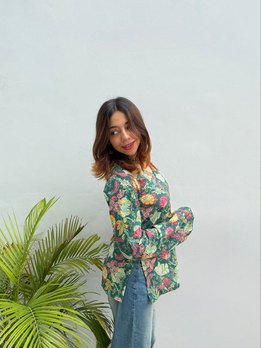 Emerald Blooms Block Print Cotton Kurti