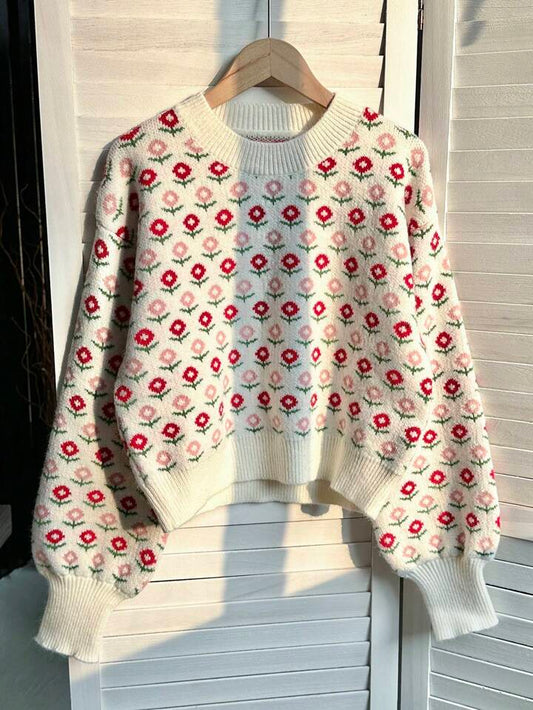 Lunelith SHEIN Lunessa Women's Casual Round Neck Floral Allover Knit Sweater