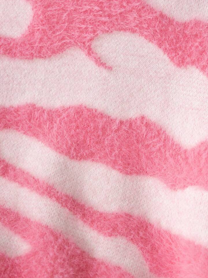 TrendsGirls' Street Style Leopard Print Short Sweater, Faux Fur Knitted Pullover Long Sleeve