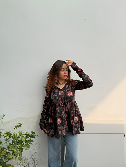 Dark Floral Print Peplum Top
