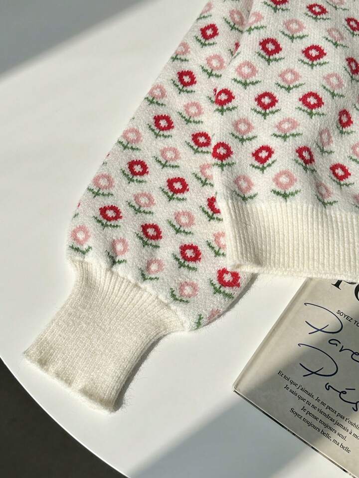 Lunelith SHEIN Lunessa Women's Casual Round Neck Floral Allover Knit Sweater