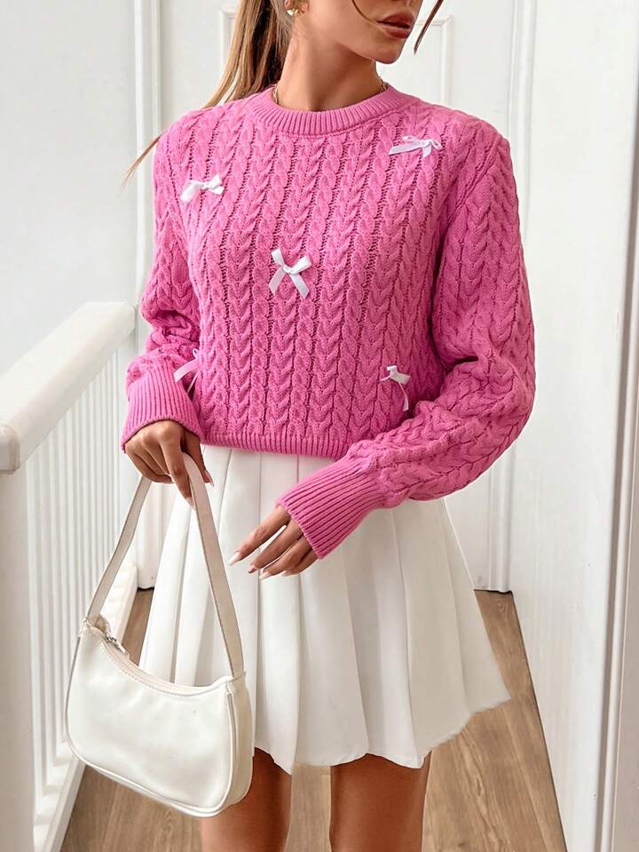TrendsWomen Round Neck 3d Ribbon Detailed Cute Textured Sweater Pullover