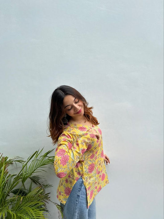 Sunlit Blossom Cotton Kurti – Handblock Floral Print