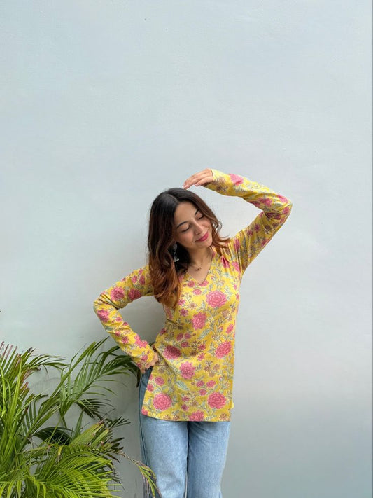 Sunlit Blossom Cotton Kurti – Handblock Floral Print