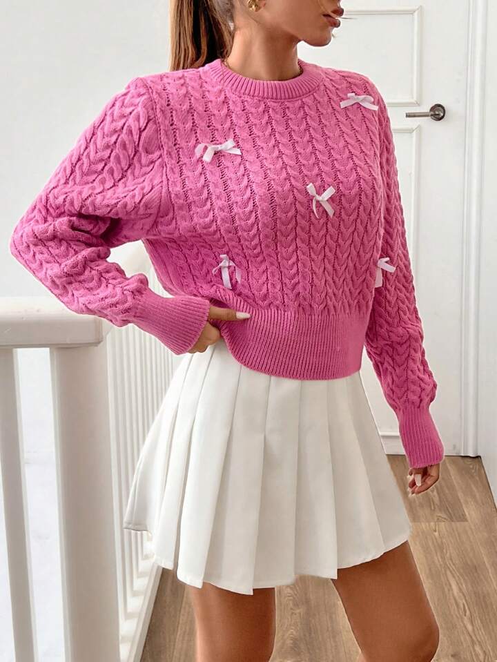TrendsWomen Round Neck 3d Ribbon Detailed Cute Textured Sweater Pullover
