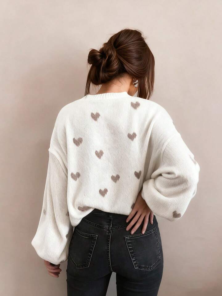 Autumn And Winter Women's Valentine's Day Cute Casual Heart-Patterned Loose-Fit Fashionable Sweater With Round Neck And Long Sleeves, Basic Sweater