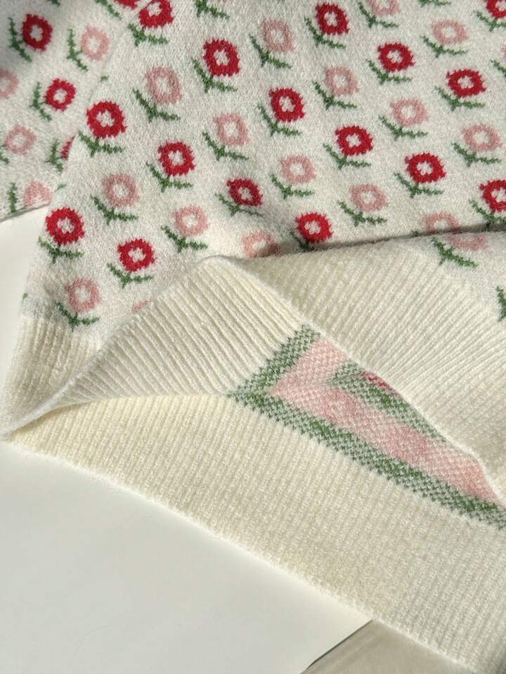 Lunelith SHEIN Lunessa Women's Casual Round Neck Floral Allover Knit Sweater