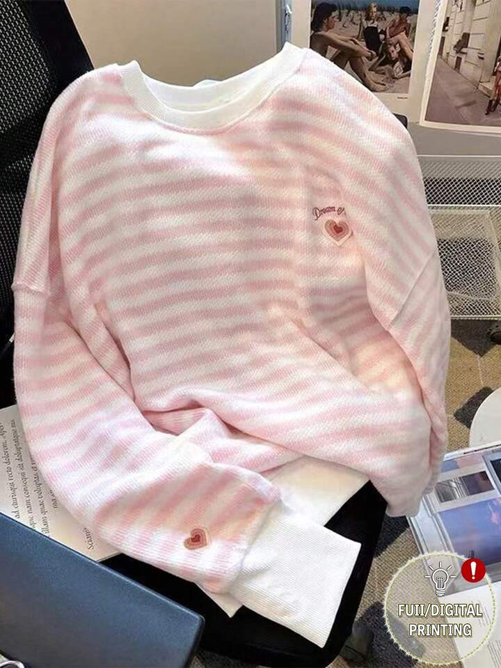 Resyla Casual Striped Heart Decor Sweatshirt