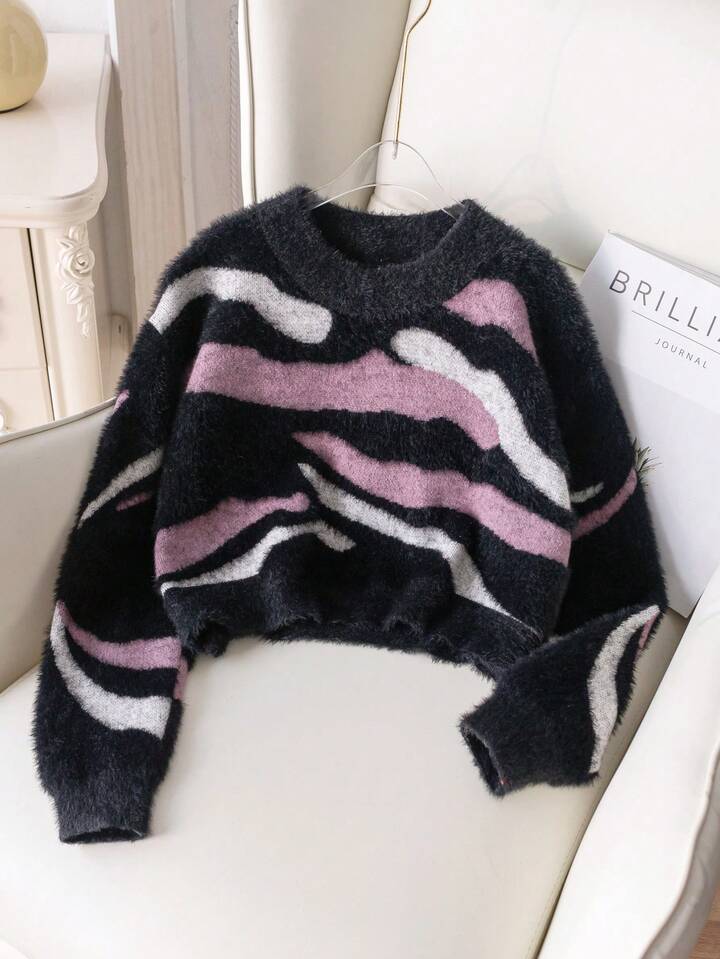 TrendsGirls' Street Style Leopard Print Short Sweater, Faux Fur Knitted Pullover Long Sleeve