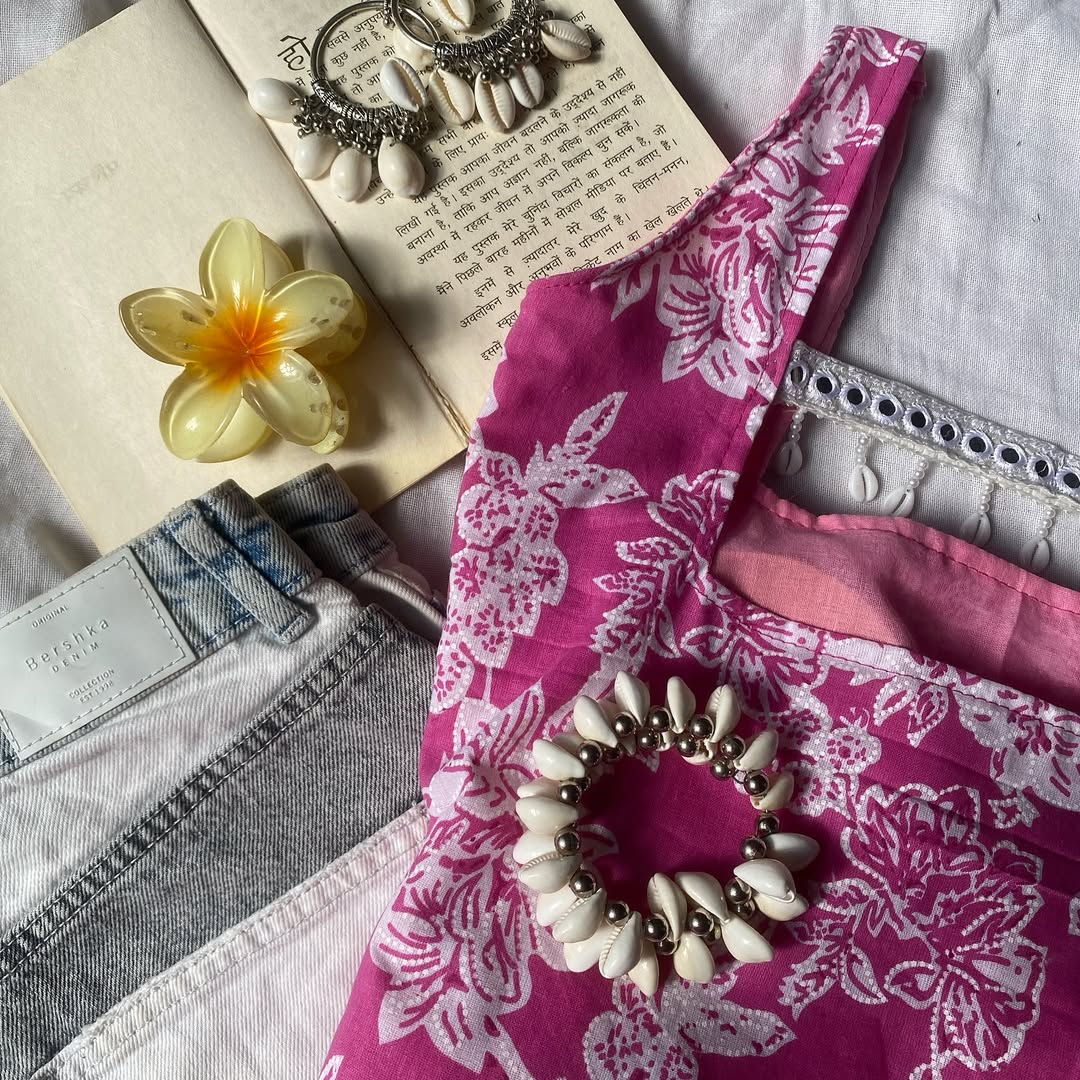 Hot Pink Hibiscus Print Cotton Strap Top